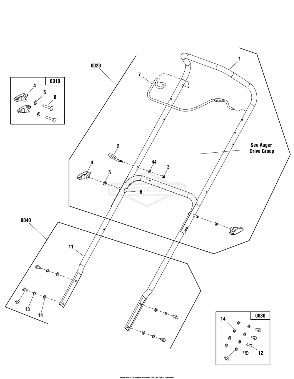 Handles And Controls Group Diagram and Parts List for 1696851-02  Briggs and Stratton Snow Blower